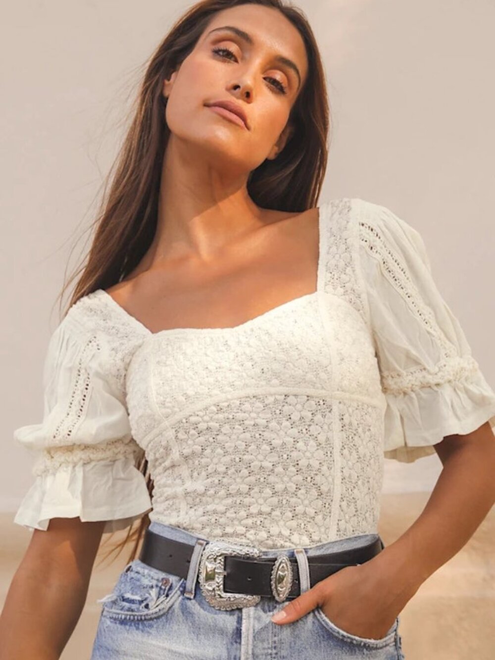 Free People Cream Spring Fling Lace Puff Sleeve Top